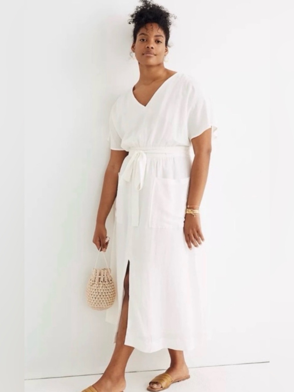 MADWELL Linen Blend Cream Belted Midi Dress V-Neck S-Sleeve Women's Size 00